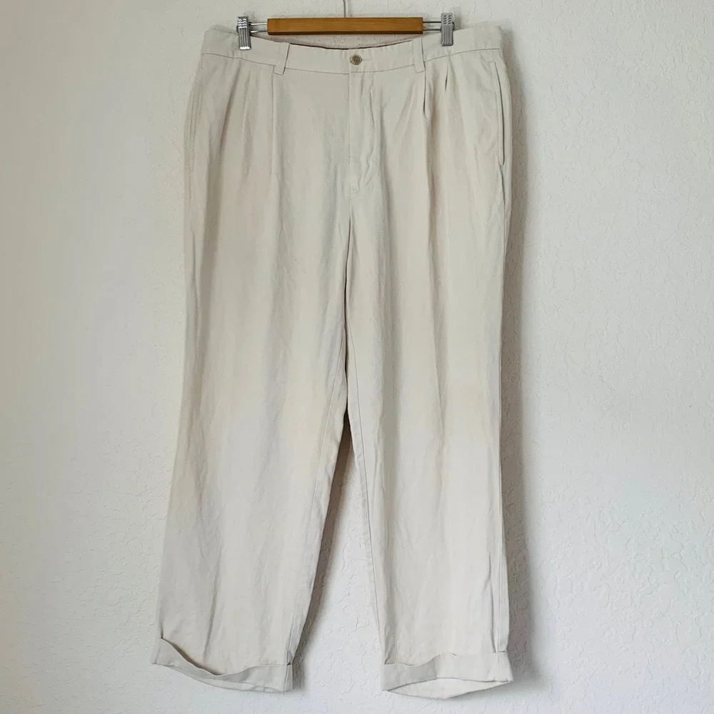 Tommy Bahama Pants Mens 36x30 Beige Silk Bamboo Pleated Coastal Resort Luxury